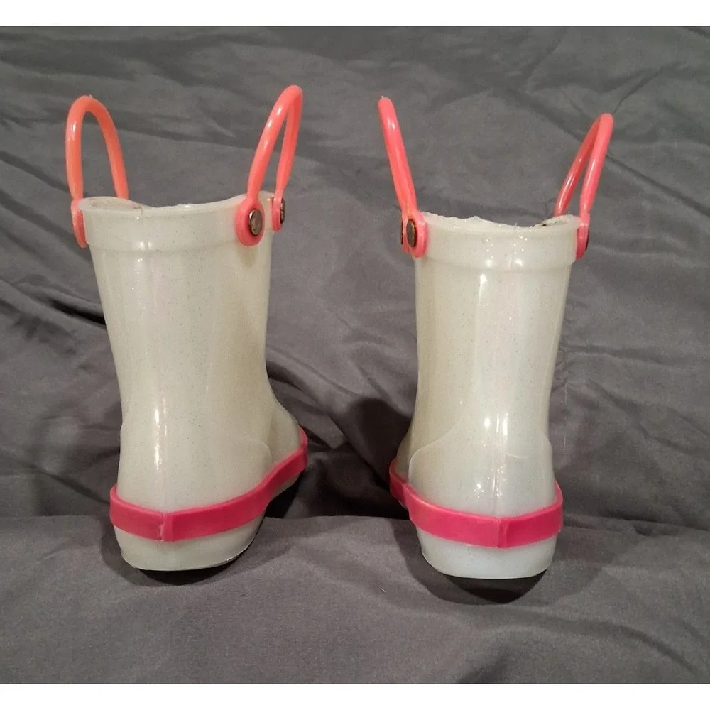 Girls Clear Glitter Rain Boots Pink Trim Eyelash Graphic‎ MEX 14 Toddler 7-8
